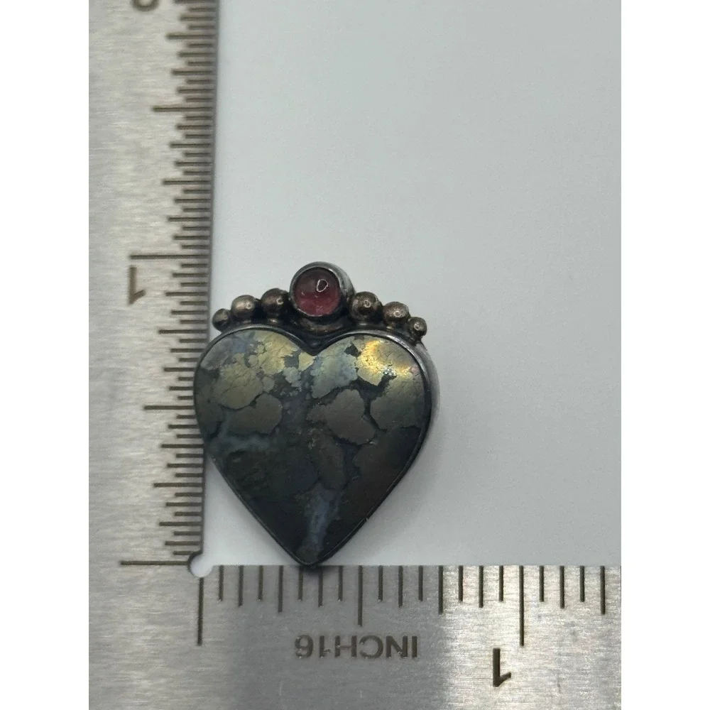 Sterling Silver KA Signed Multicolor Heart Cabochon Pendant Brooch Pin